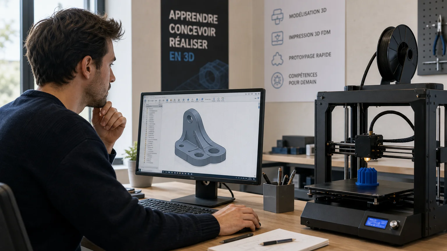 Apprenant travaillant sur un logiciel de modélisation 3D à côté d'une imprimante FDM