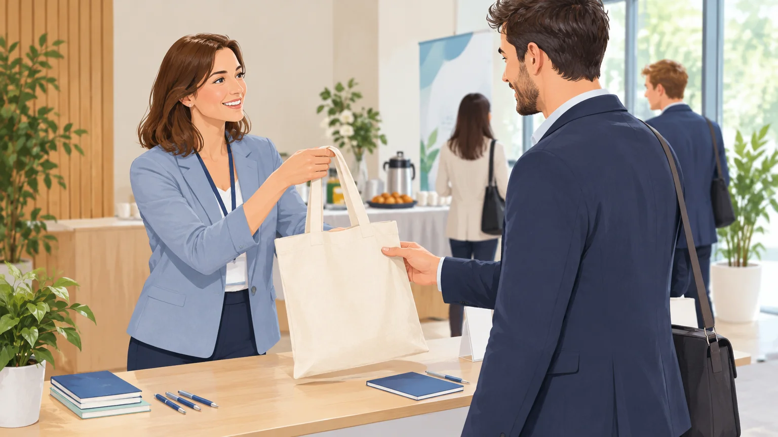 Une organisatrice remet un sac promotionnel à un participant lors d’un événement professionnel