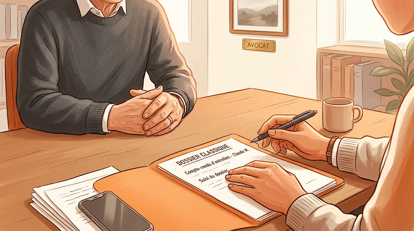 Entretien confidentiel entre un avocat et son client, mains sur une table de bureau
