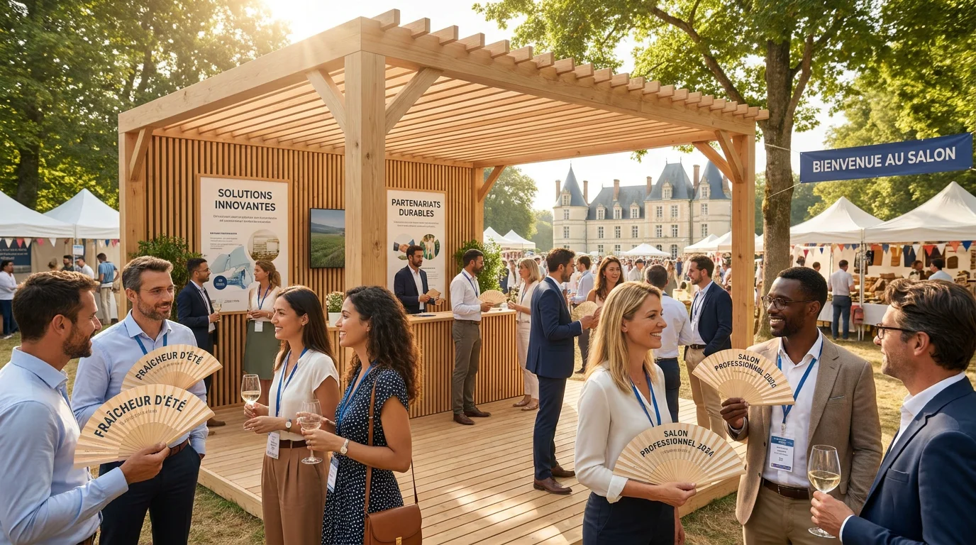 Distribution d'éventails publicitaires personnalisés lors d'un salon professionnel estival en France