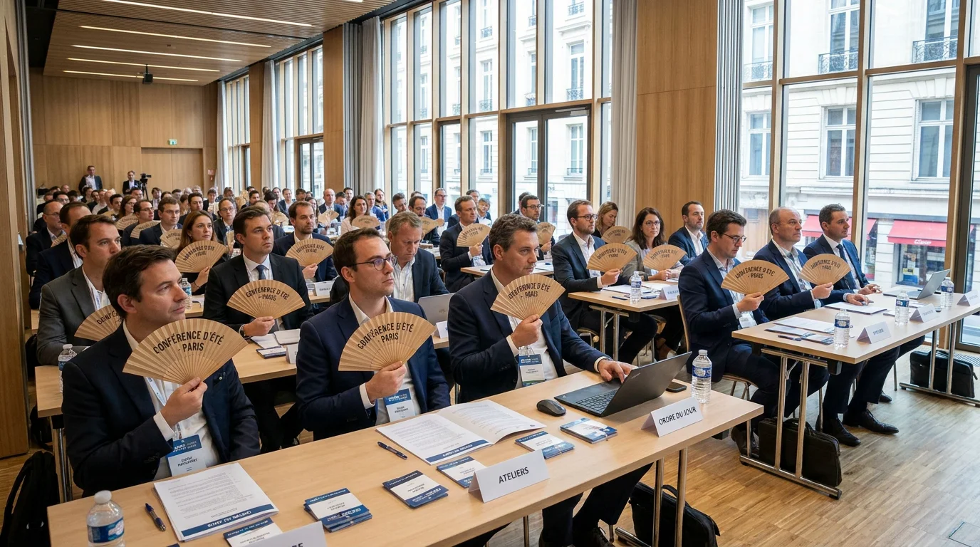 Participants utilisant des éventails personnalisés lors d'une conférence professionnelle en salle