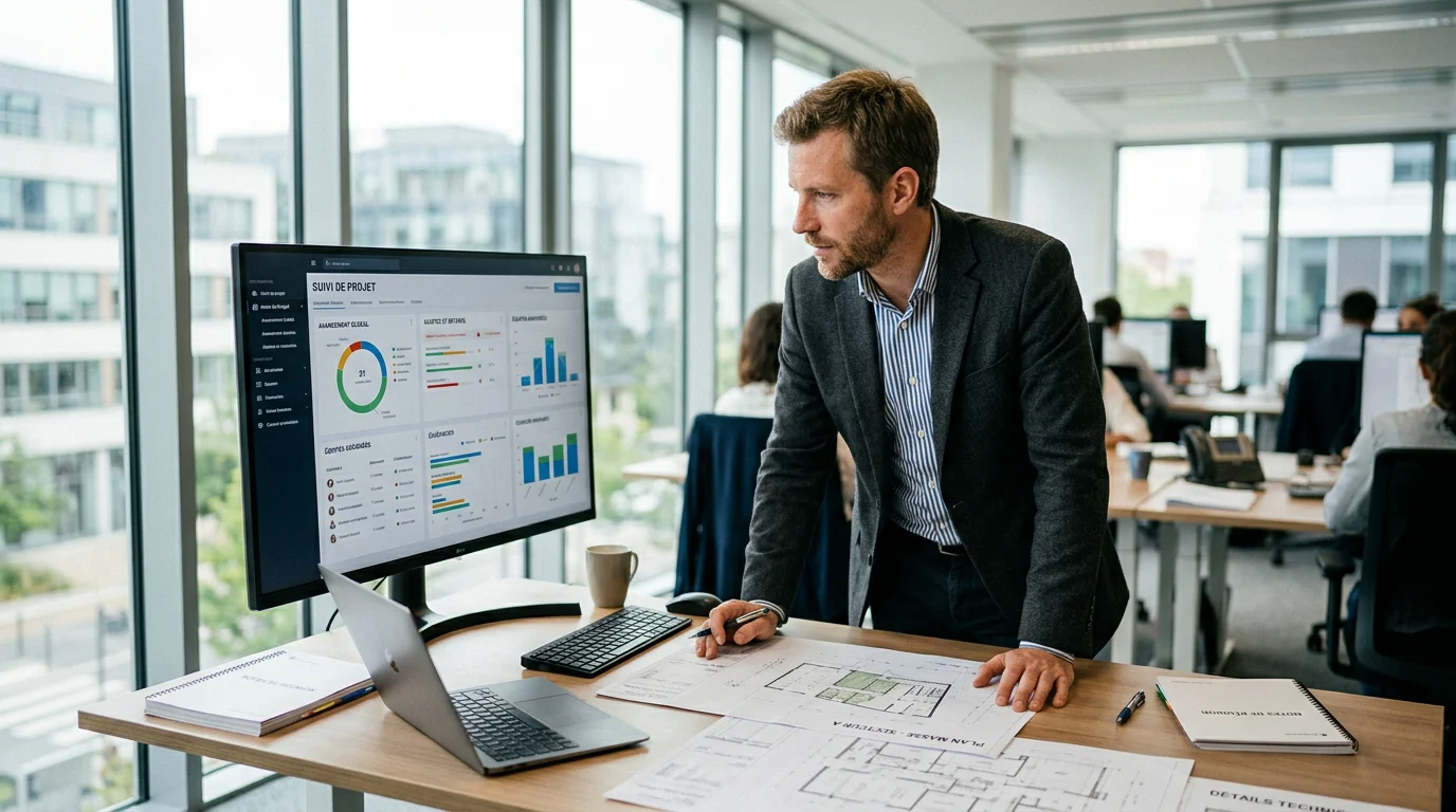 Ingénieur analysant les tableaux de bord de gestion d'un bureau d'études