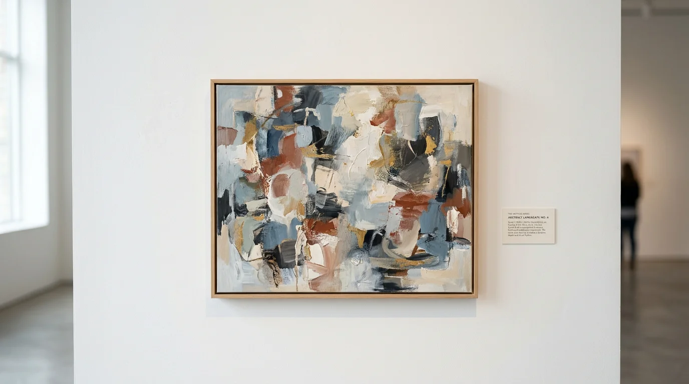 Original painting on a gallery wall with a printed description card beside it