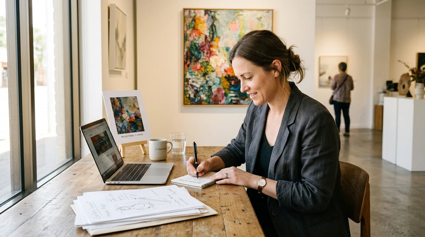 Curator writing a short artwork description at a gallery desk