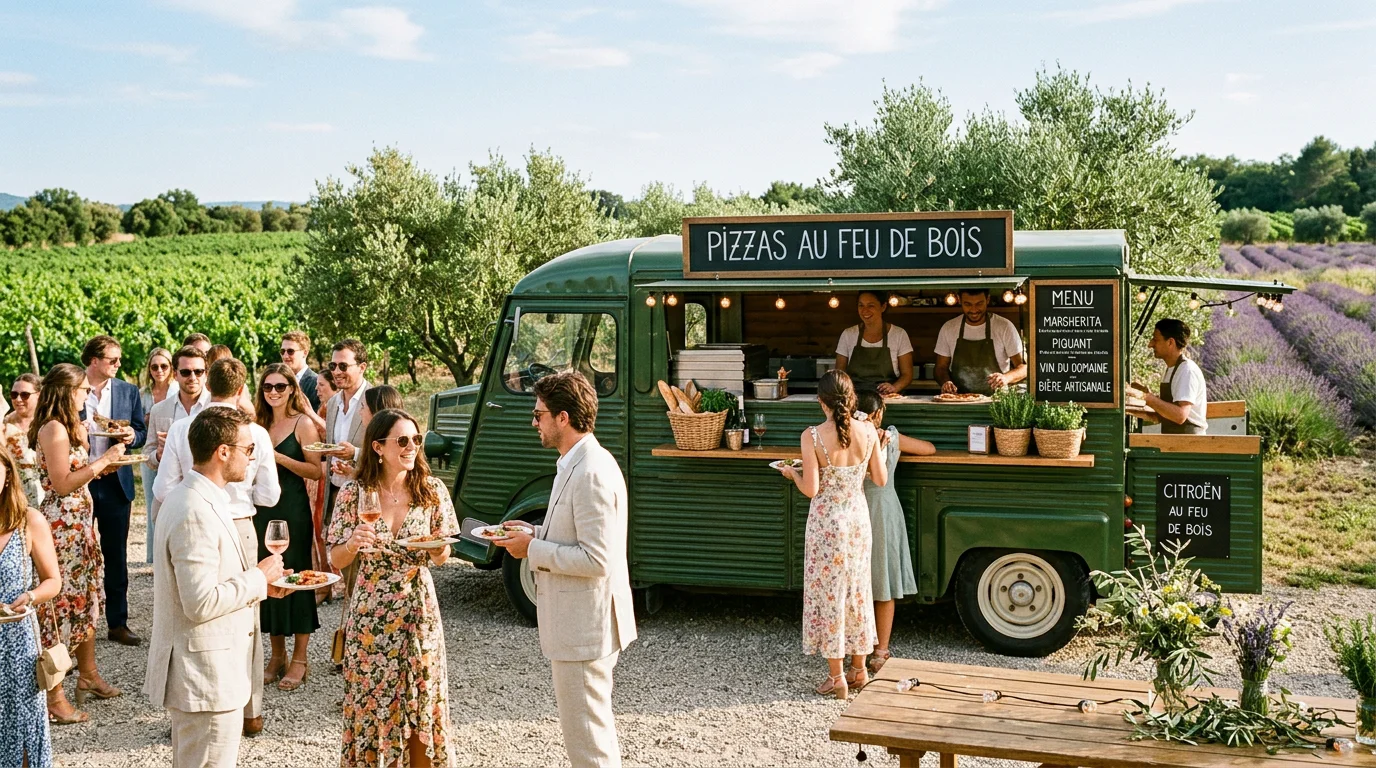 Food truck de mariage installé dans un domaine viticole provençal ensoleillé