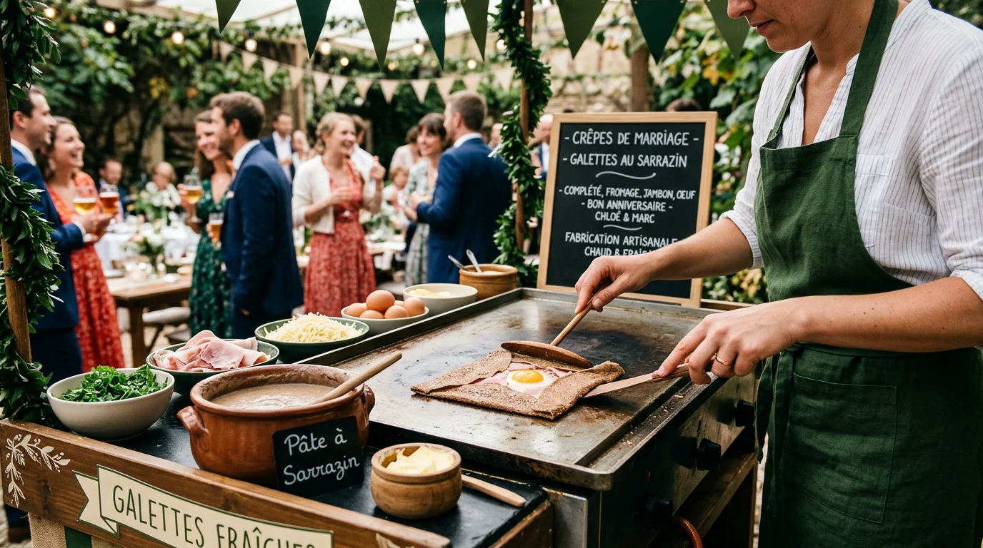 Chef préparant des galettes de sarrasin à la minute lors d'un mariage en plein air