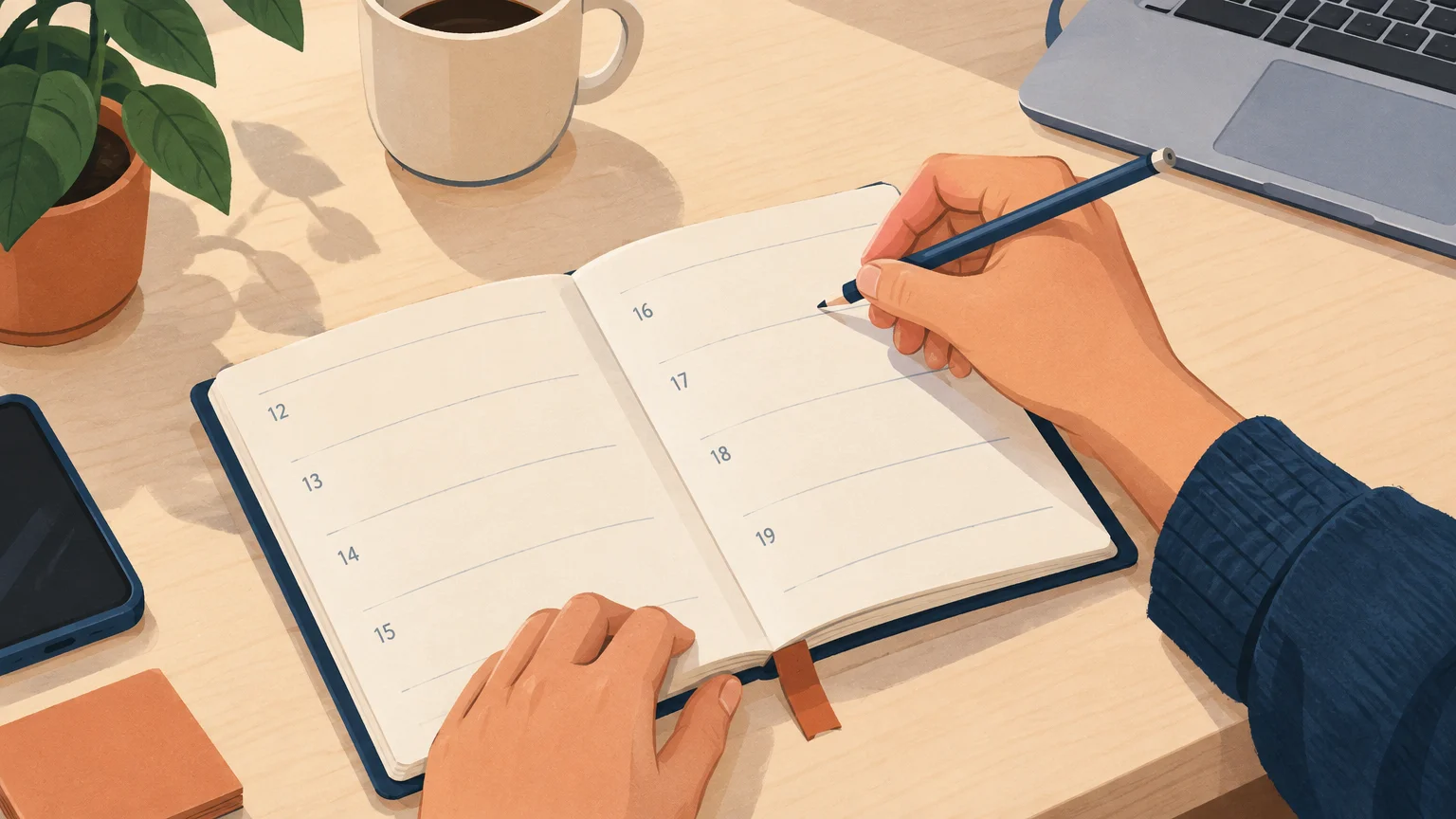 Une personne note une date à venir dans un agenda papier