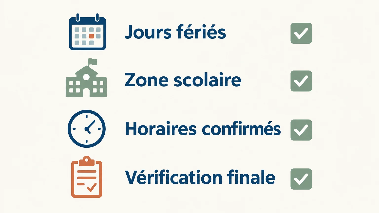 Checklist illustrée pour vérifier jours fériés, zone scolaire et horaires