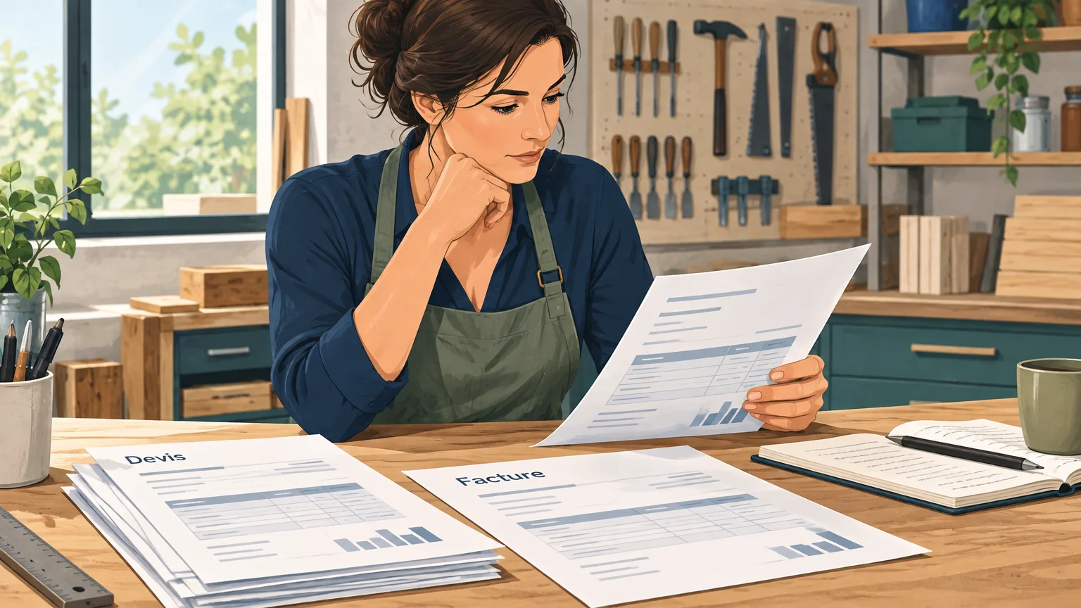 Dirigeante d’un atelier examinant devis et factures pour analyser son activité
