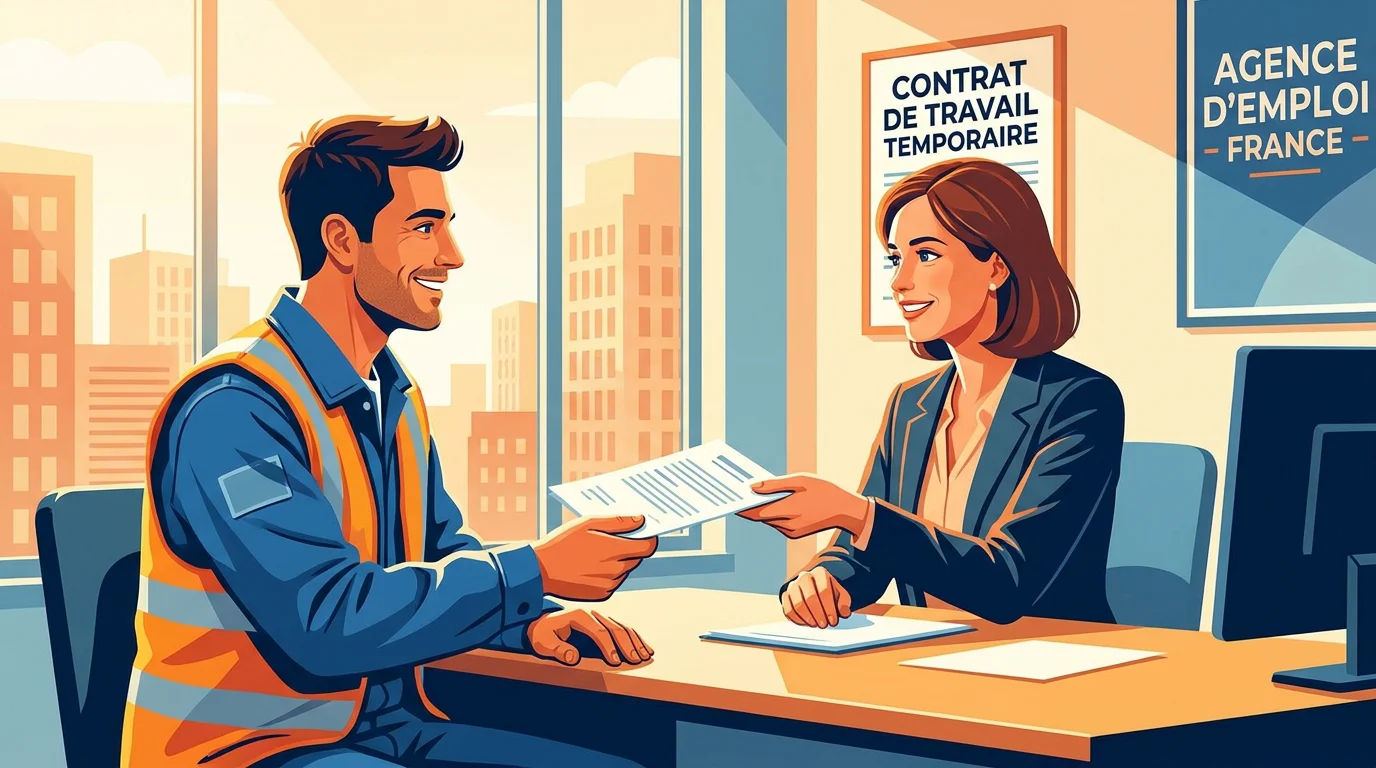 Intérimaire signant un contrat de mission dans une agence d'emploi en France
