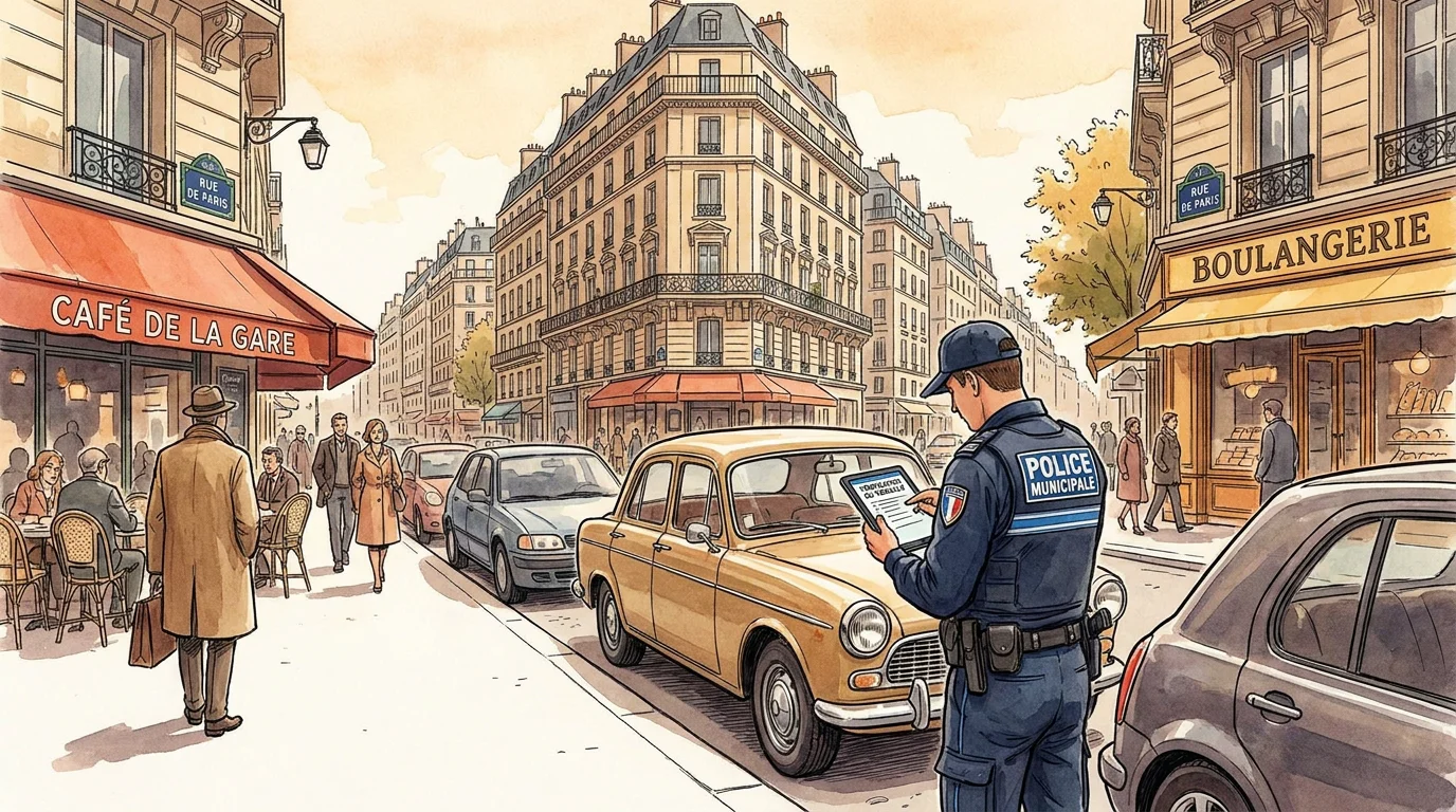 Agent de contrôle du stationnement vérifiant un véhicule dans une rue française