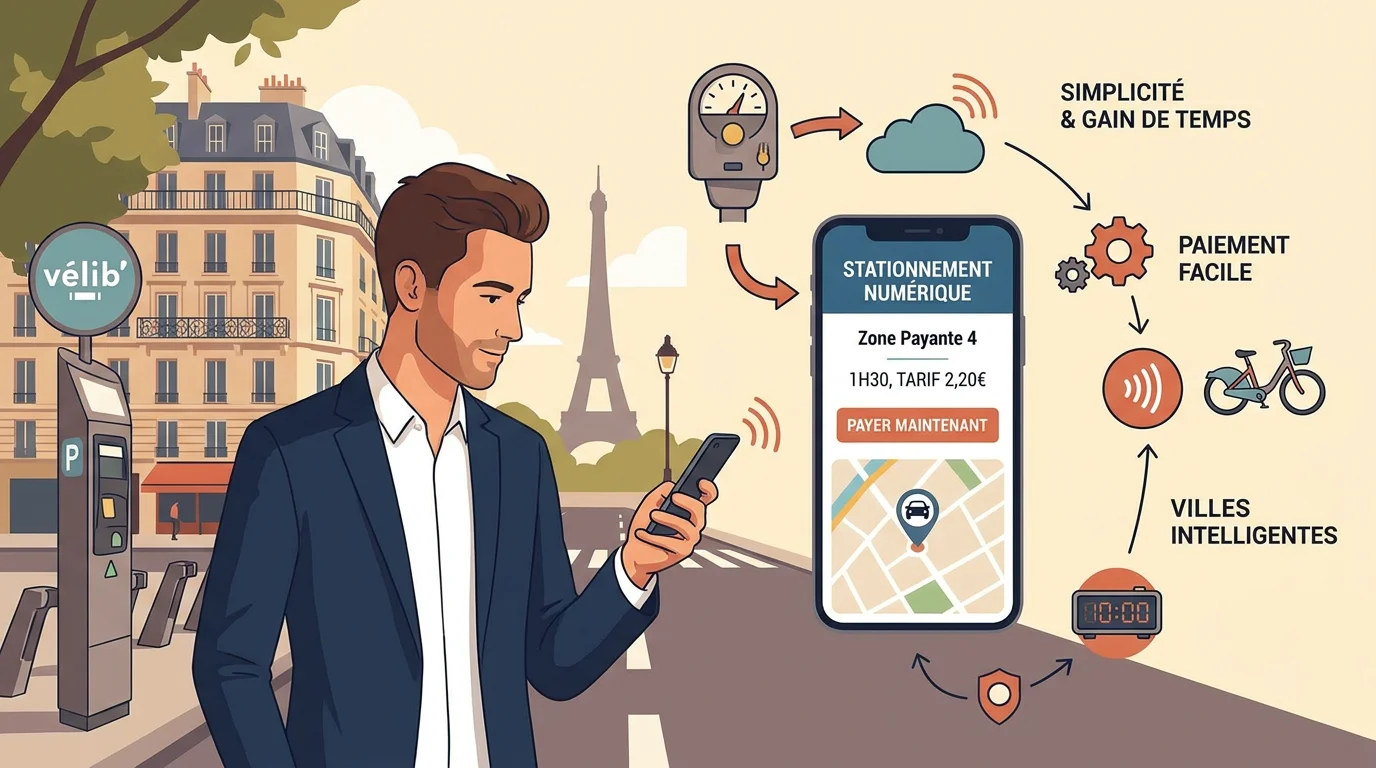 Automobiliste consultant une application de stationnement sur son smartphone en ville