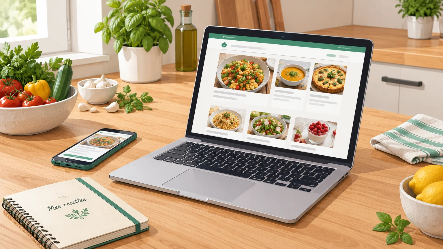 Téléphone et ordinateur posés côte à côte dans une cuisine