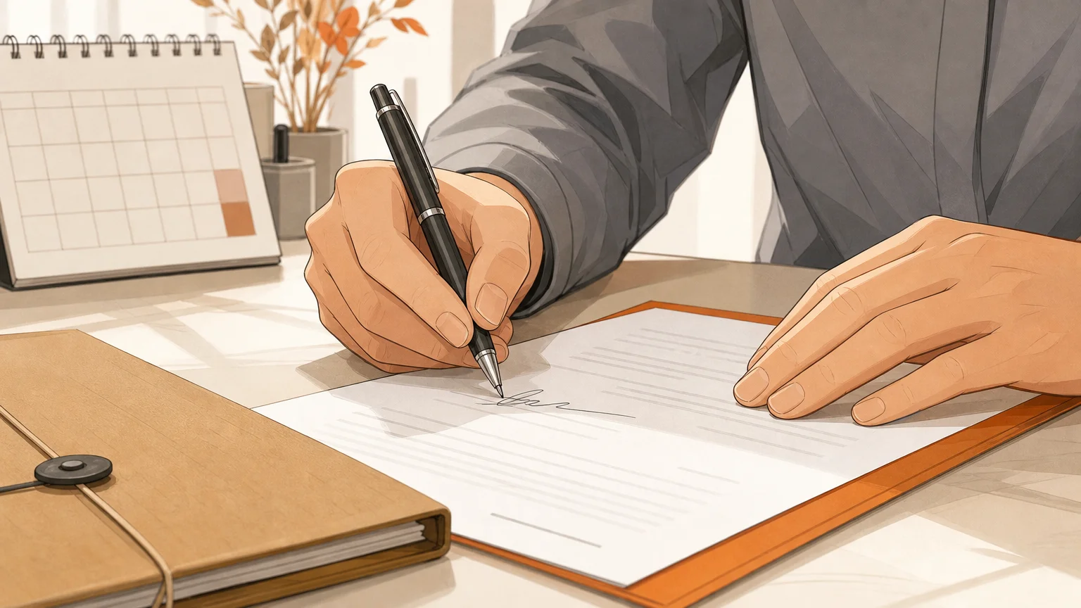 Mains non identifiables signant un document juridique sur un bureau clair, avec un dossier et un calendrier.