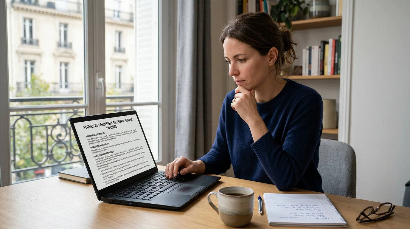 Joueur analysant les conditions de mise d'un bonus de casino en ligne sur son ordinateur