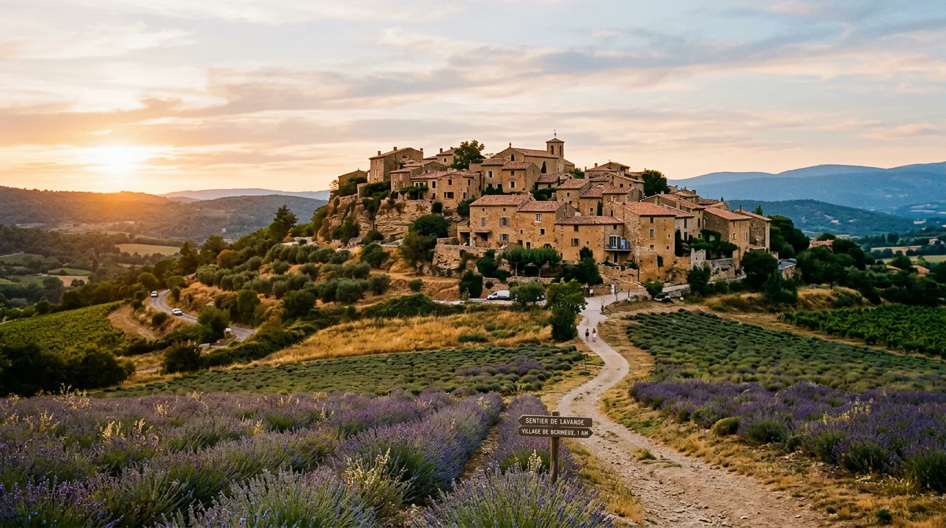 Village perché du Luberon entouré de champs de lavande en Provence