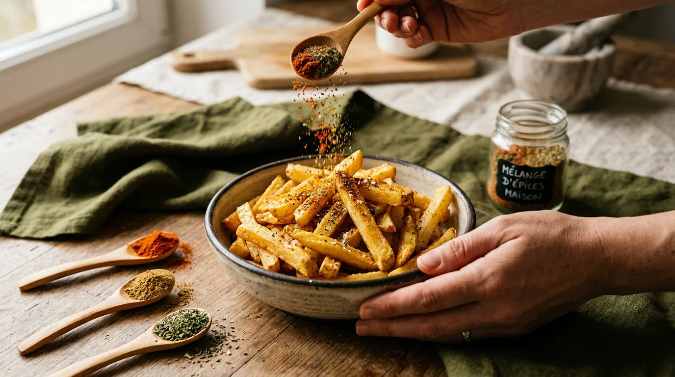 Frites dorées saupoudrées d'un mélange d'épices coloré