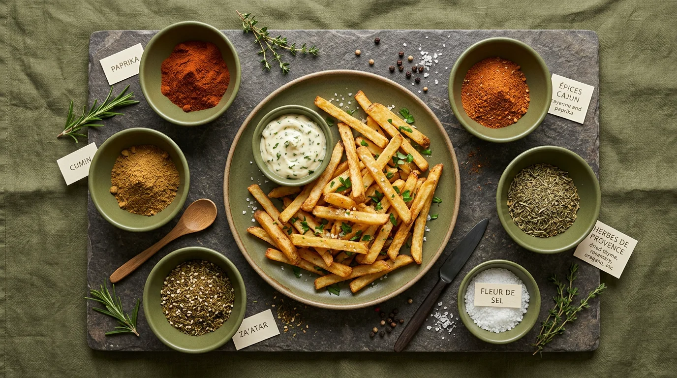 Assortiment de mélanges d'épices du monde autour d'une assiette de frites