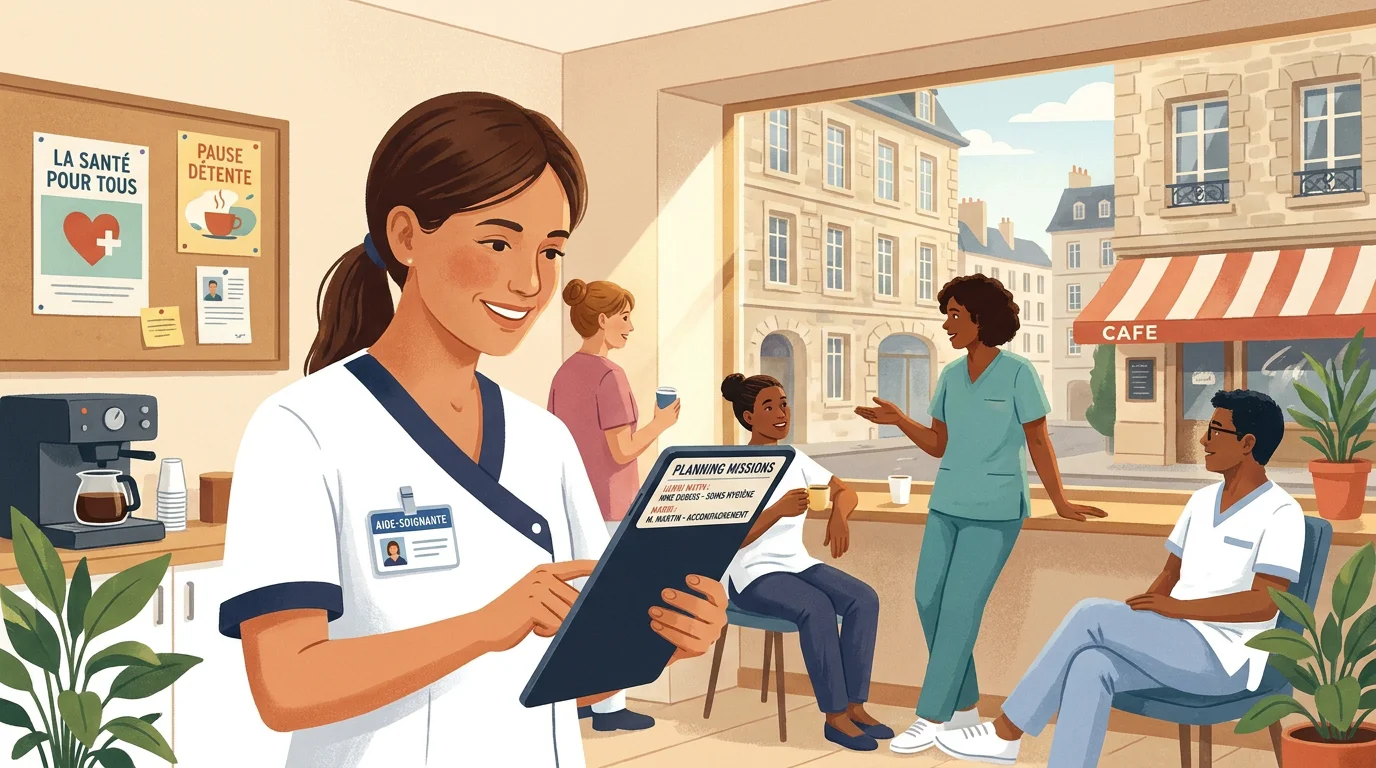 Aide-soignante consultant ses missions d'intérim sur une tablette dans un établissement de santé