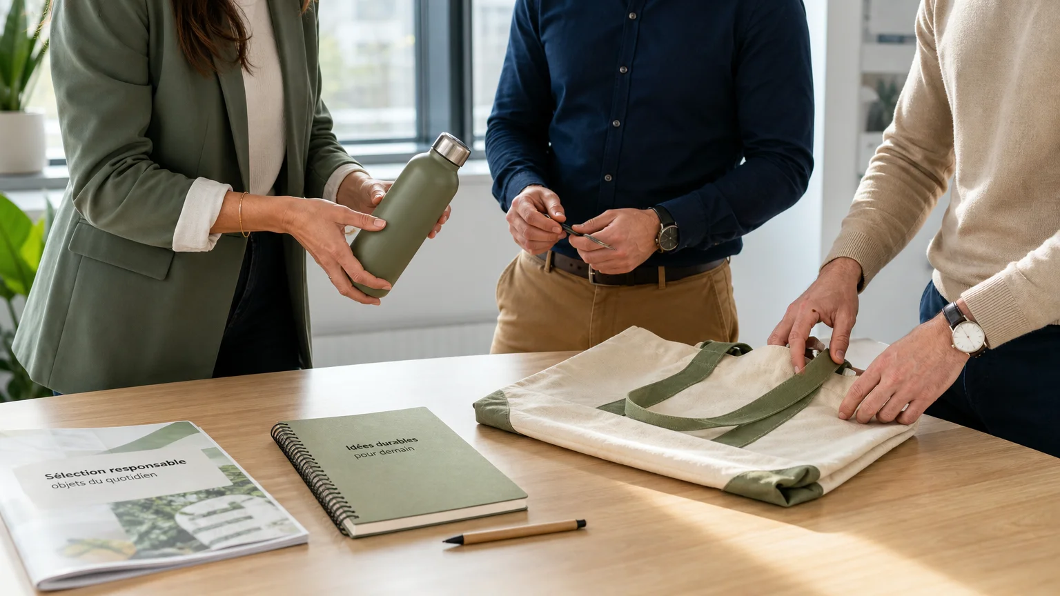 Équipe professionnelle sélectionnant des goodies responsables pour une entreprise