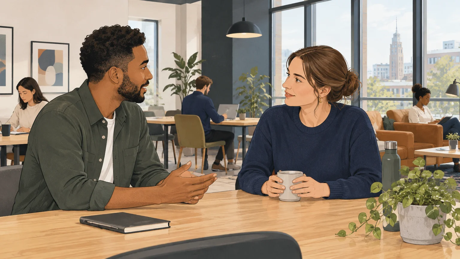 Professionals sharing a quiet conversation in a coworking space
