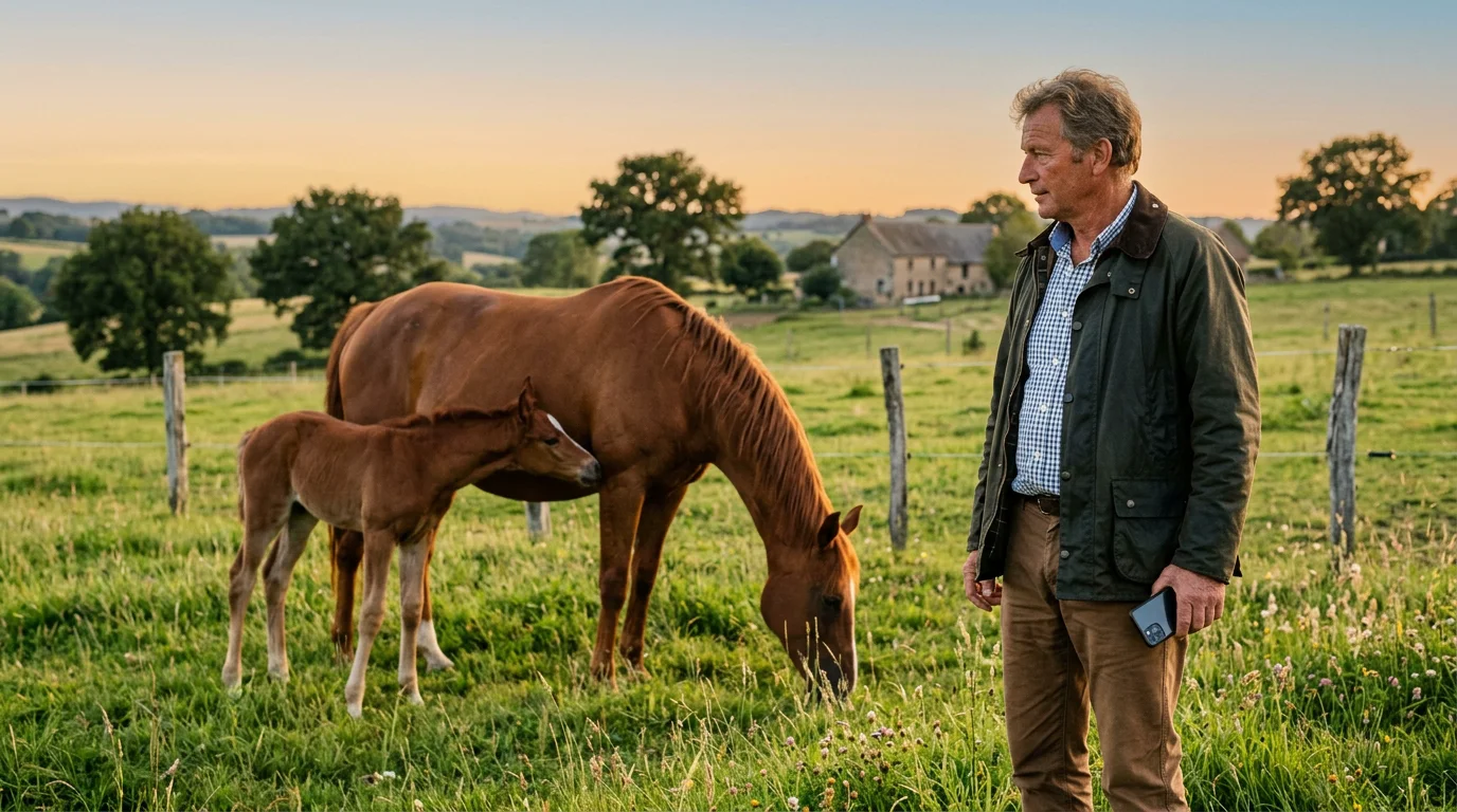 Éleveur observant une jument poulinière et son poulain dans une prairie au coucher du soleil