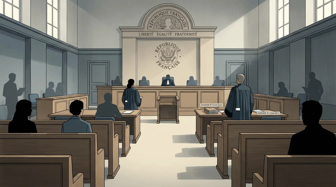 Salle d'audience de tribunal correctionnel en France, cadre sobre et professionnel