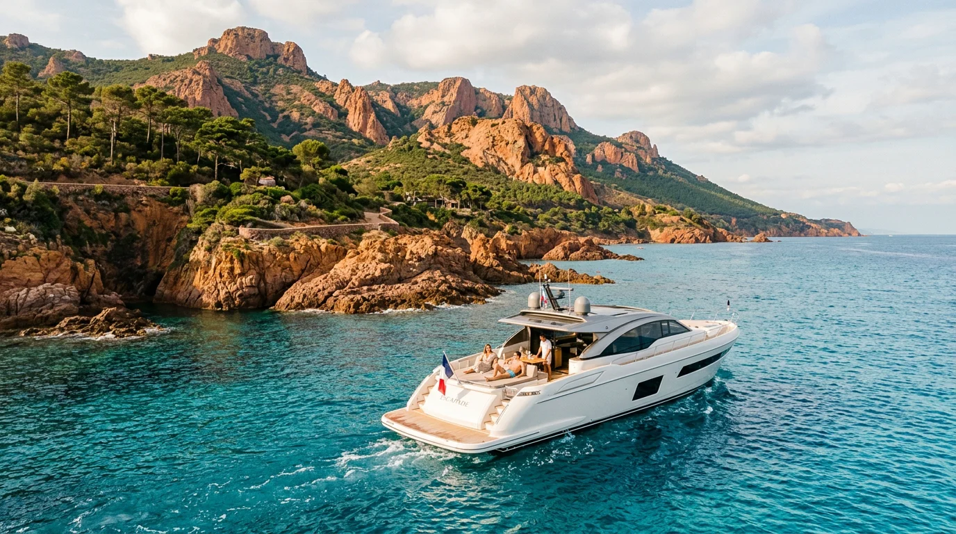 Private motor yacht cruising the Esterel coast between Nice and Saint Tropez