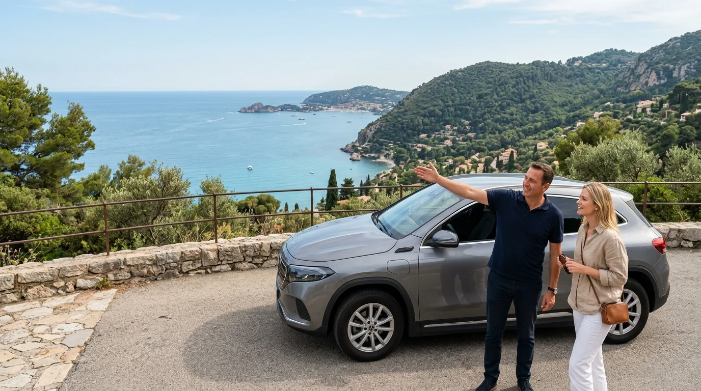 Chauffeur with a grey electric SUV sharing local Riviera history at a coastal viewpoint
