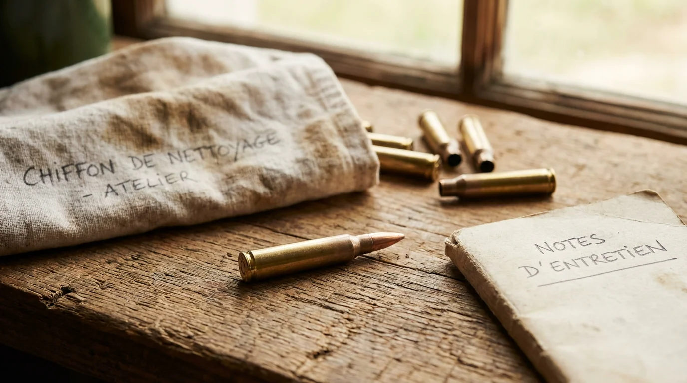 Cartouche de calibre .223 Remington posée sur une table en bois avec des douilles en arrière-plan