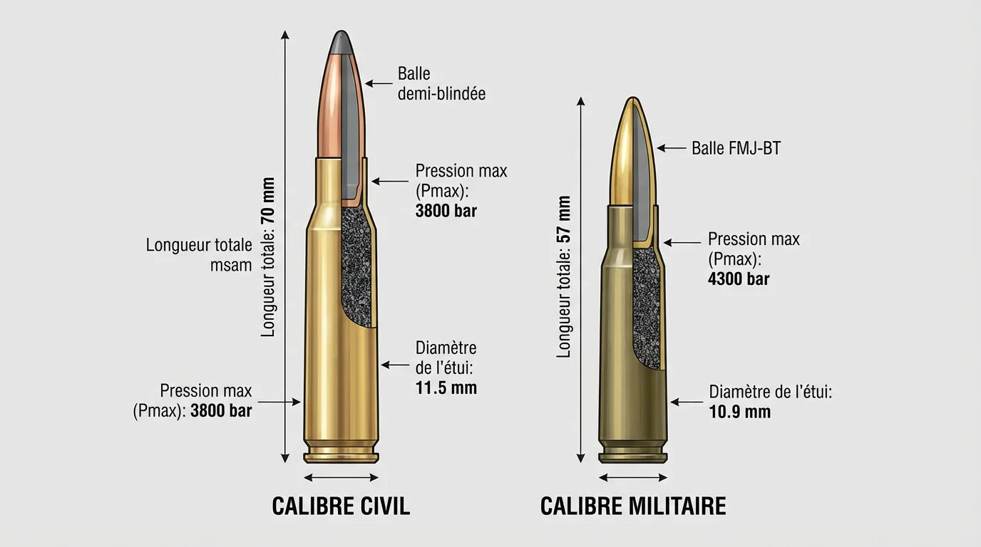 Comparaison visuelle entre une cartouche .223 Remington civile et une cartouche 5.56 OTAN militaire