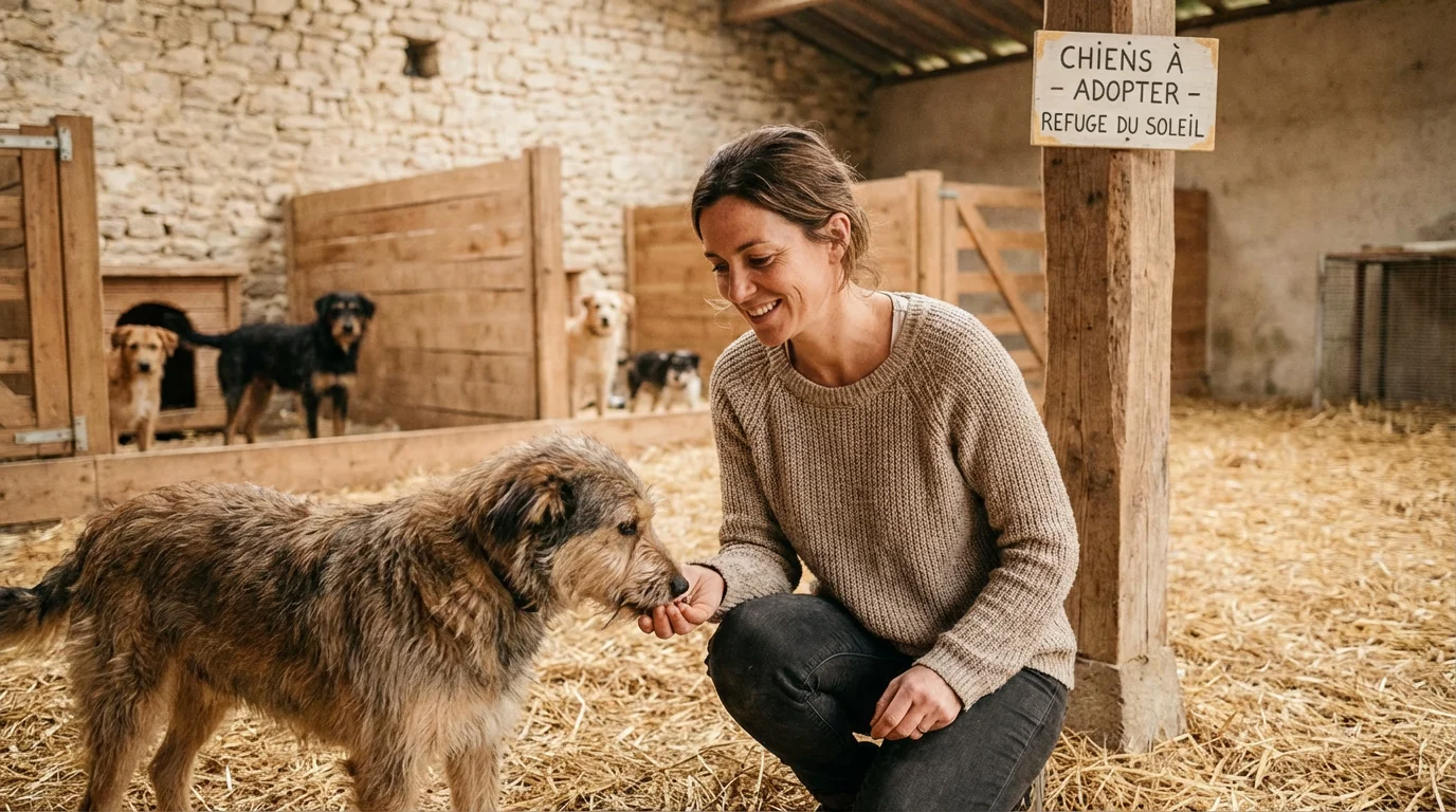 Bénévole européenne nourrissant un chien dans un refuge pour animaux en France