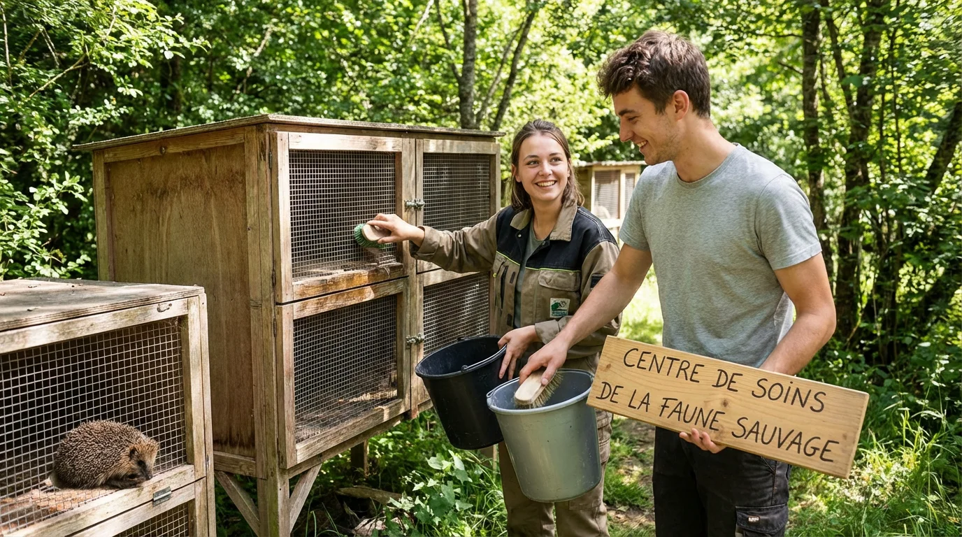 Bénévoles européens nettoyant des enclos dans un centre de soins pour la faune sauvage en France