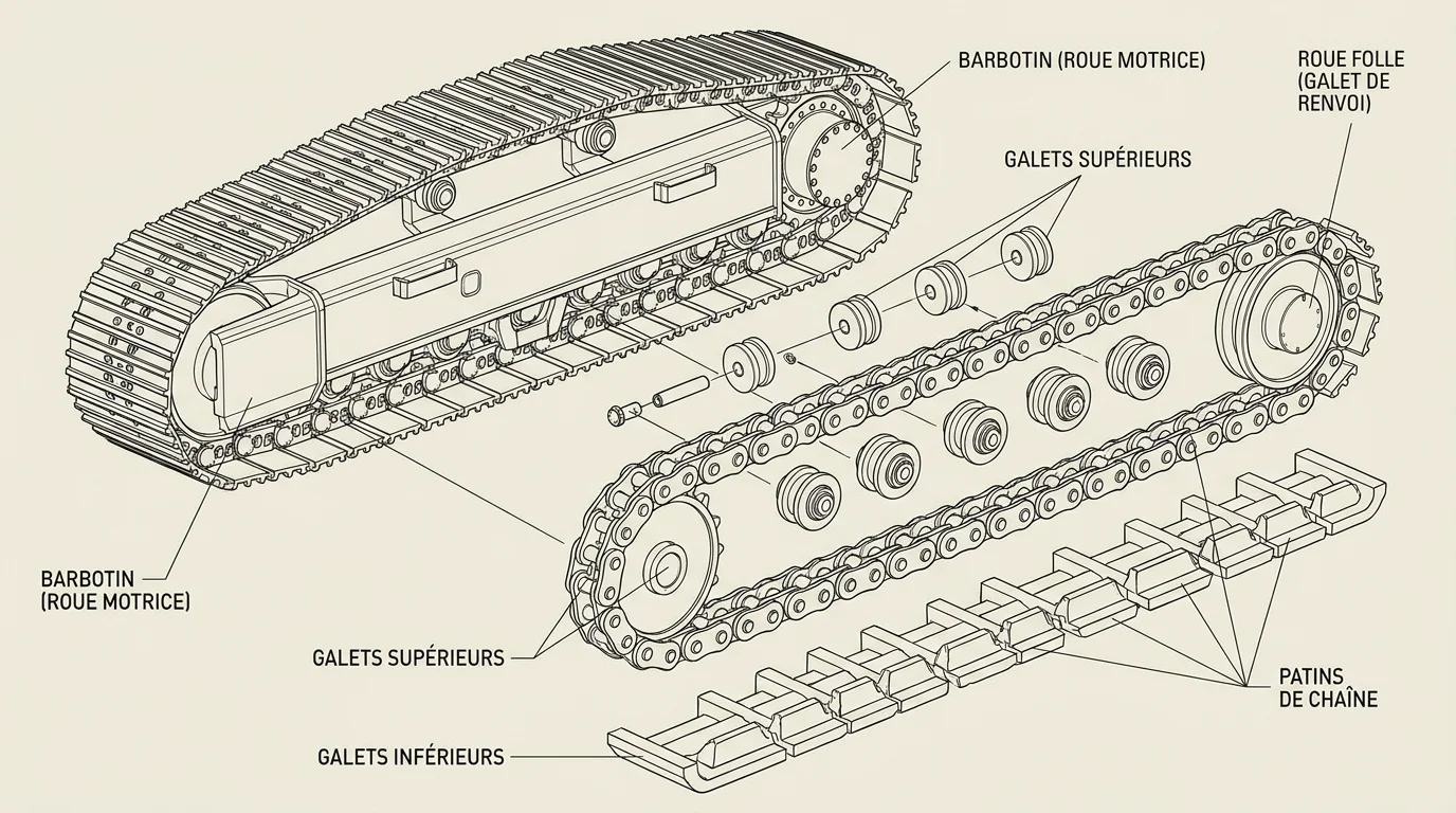 Schéma éclaté d'un train de chaîne pour pelle montrant les composants principaux