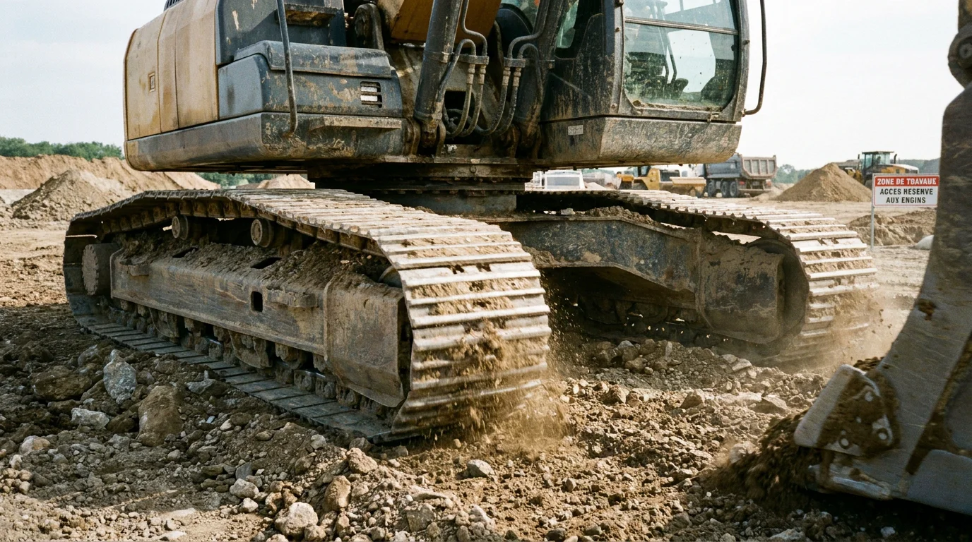 Pelle hydraulique sur chenilles acier en action sur un chantier de terrassement