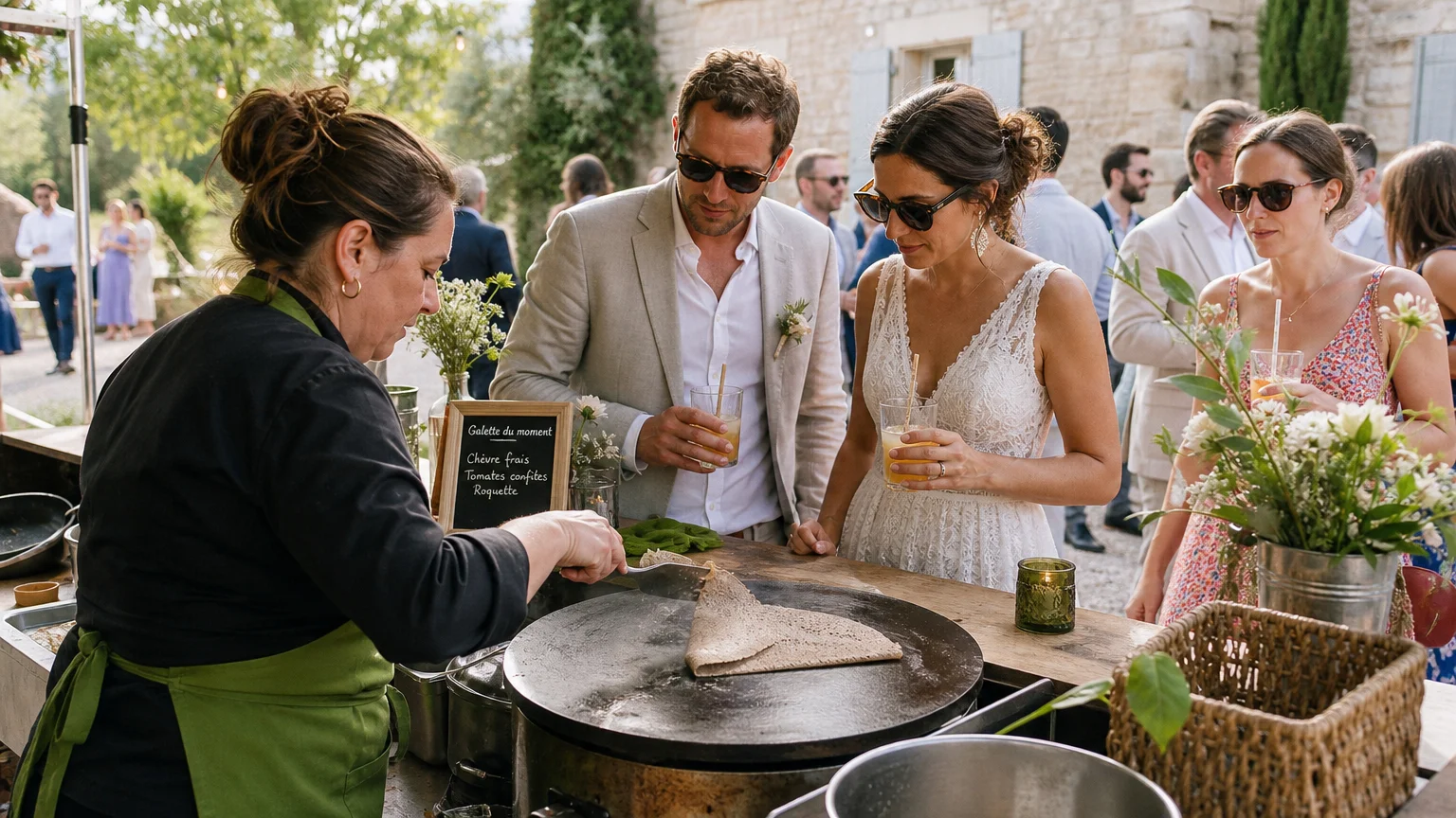 Invités réunis autour d’une animation culinaire mobile pendant un mariage en Provence