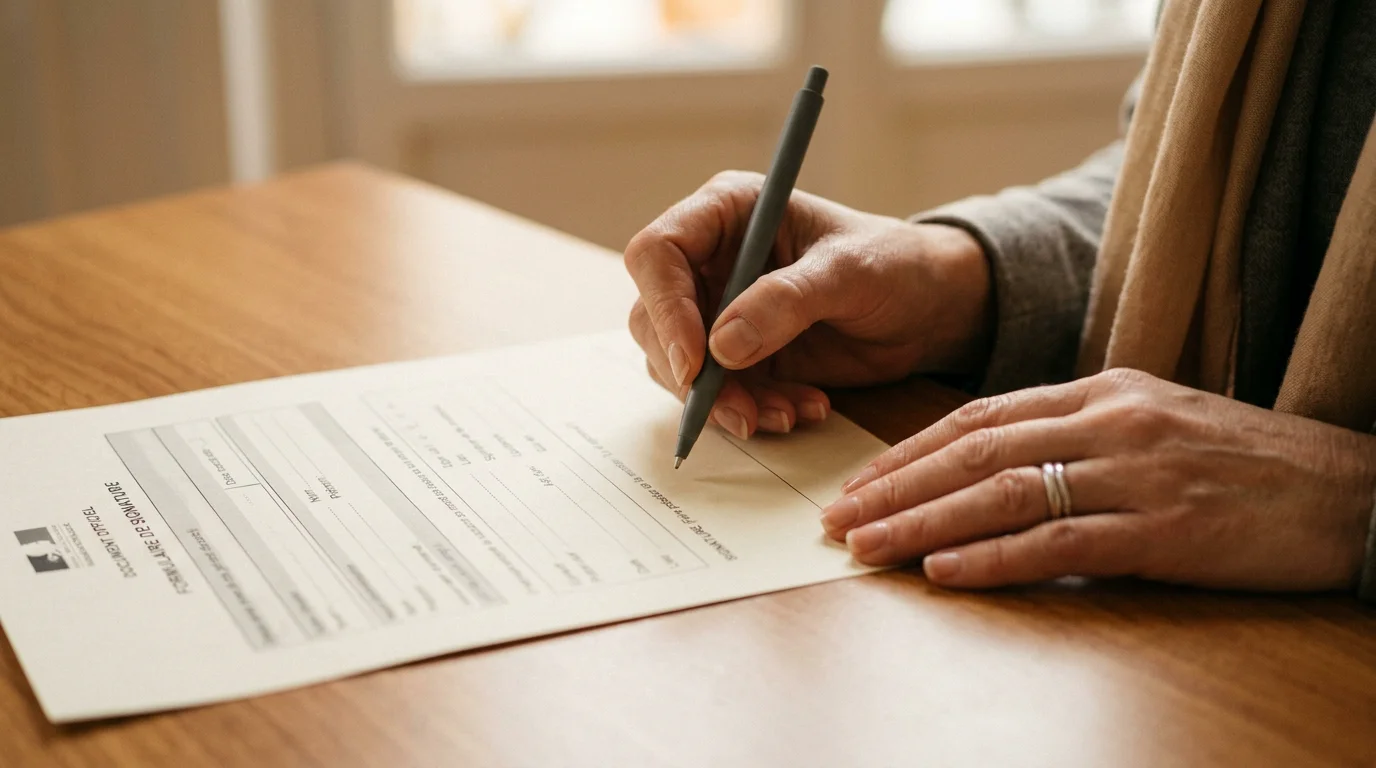 Gros plan de mains tenant un stylo au-dessus d'un document neutre au moment de le relire avant signature.