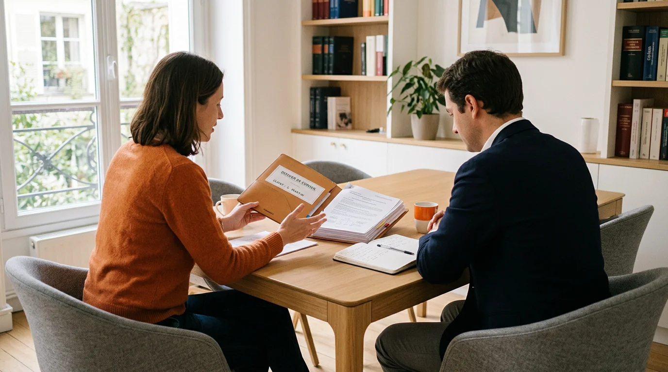 Échange de conseil entre un client et un avocat autour d'une table avec des documents, sans visage identifiable.