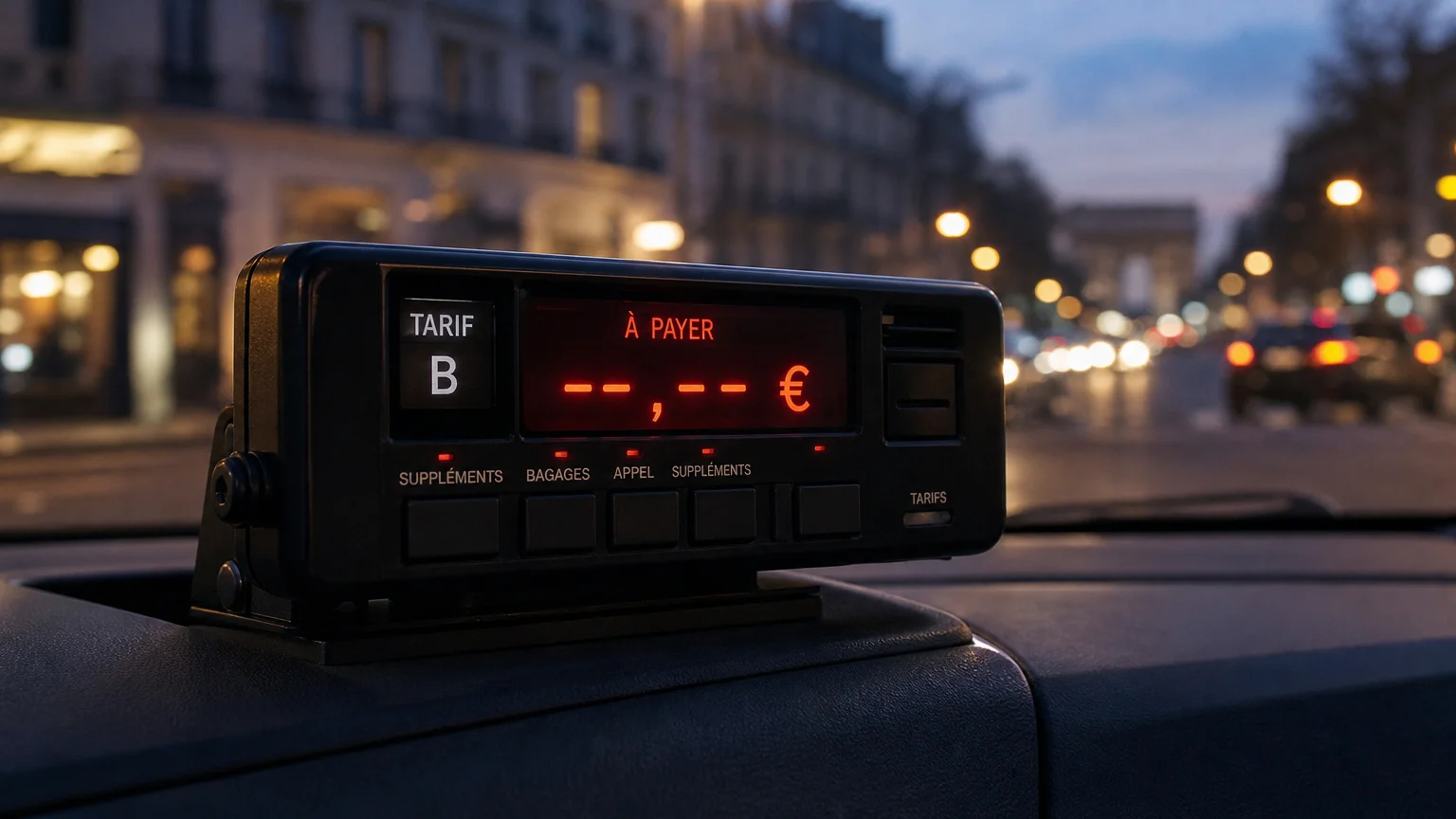 Taximètre de taxi parisien illustrant les tarifs variables selon l’heure et la zone