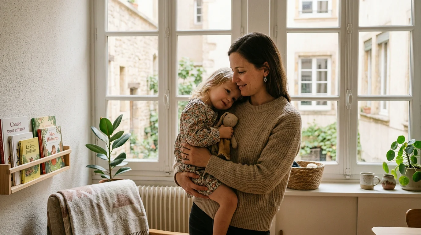 Un parent tenant son jeune enfant à la maison pendant son congé parental