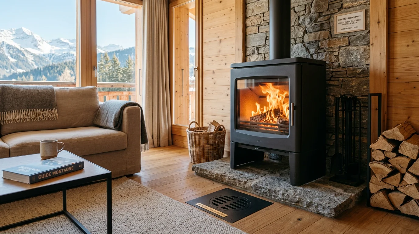 Poêle à bois en combustion avec grille d'arrivée d'air dans un salon suisse