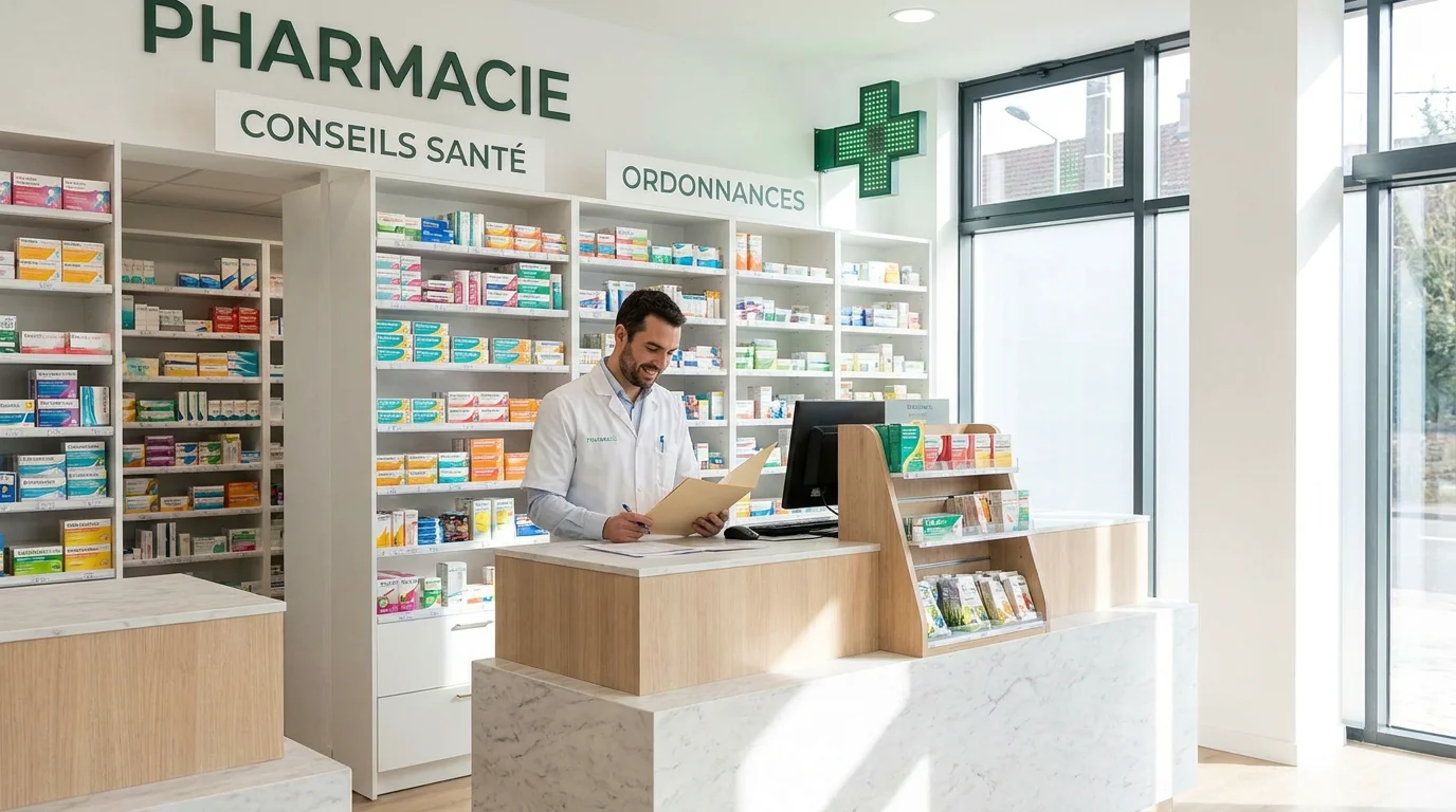 Pharmacie d'officine française moderne avec un pharmacien en blouse blanche