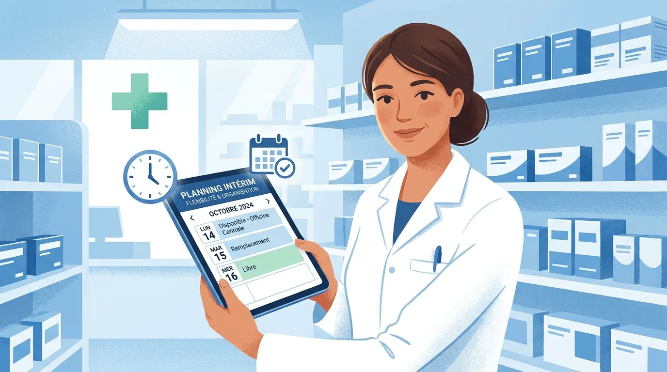 Pharmacienne consultant un planning de missions intérim sur tablette dans une officine