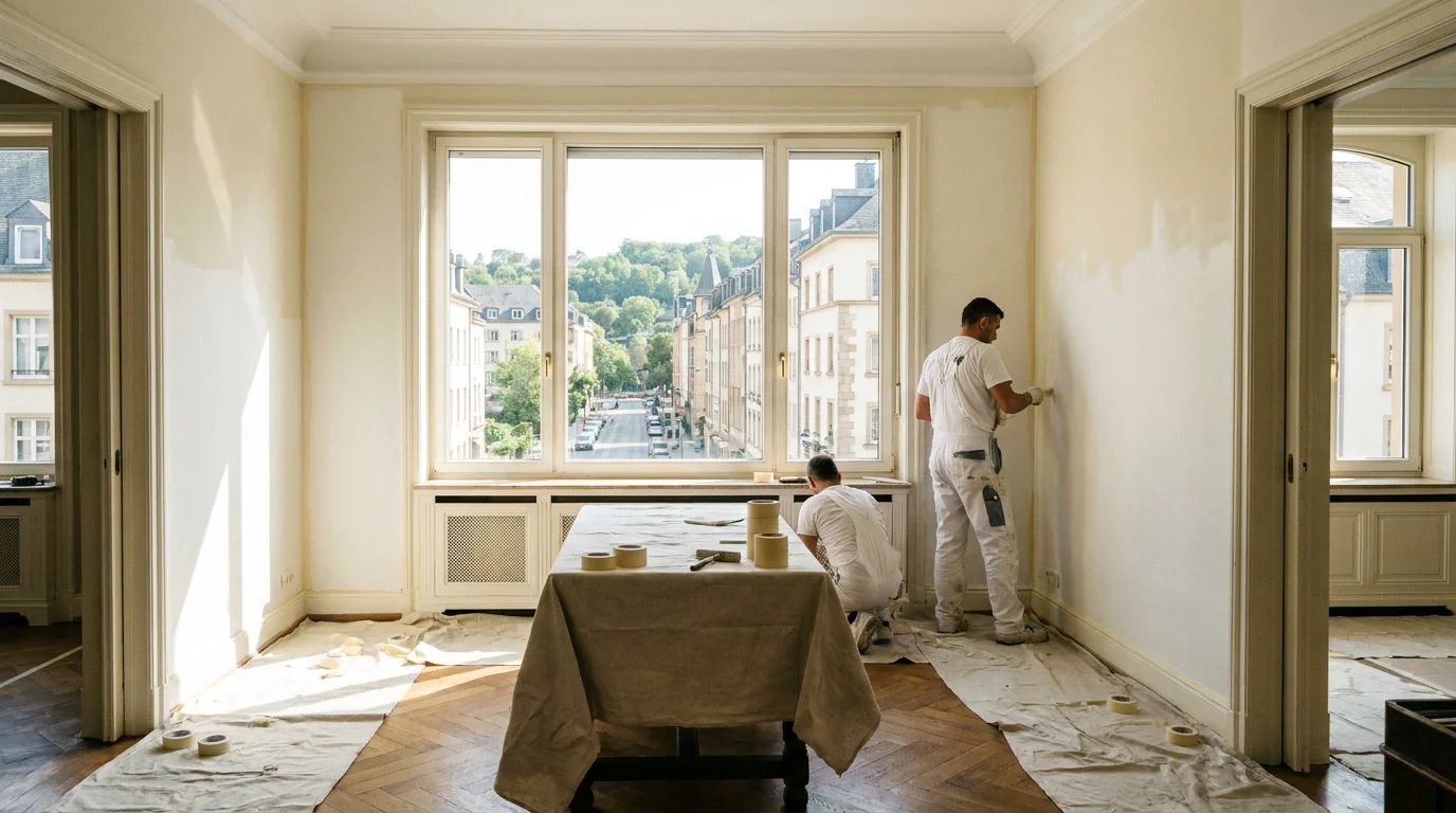 Salon d'un appartement au Luxembourg en cours de travaux de peinture