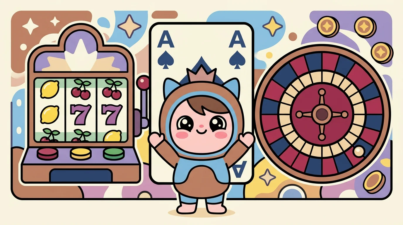 Chibi mascot surrounded by cartoon slot, card and roulette icons