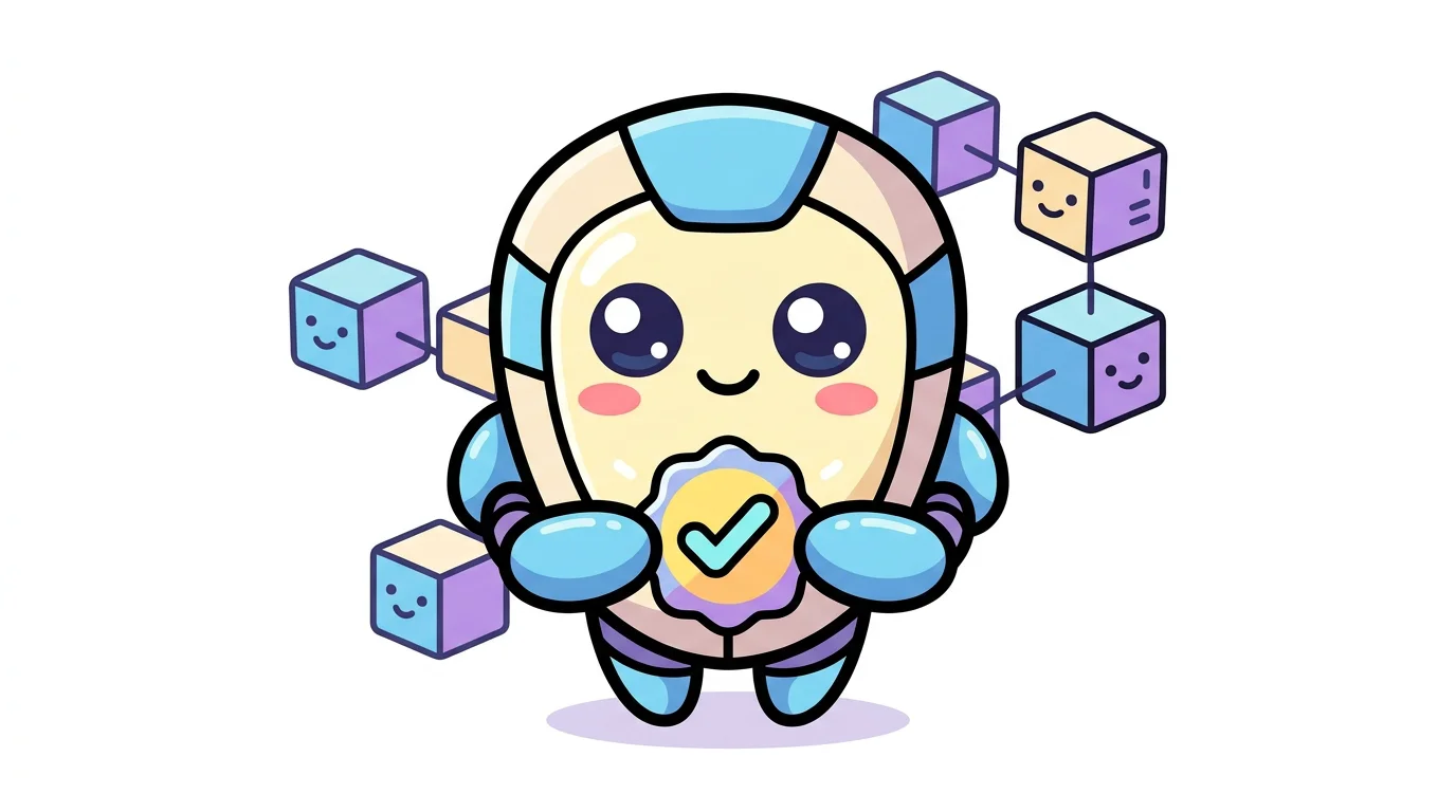 Chibi shield mascot holding a verified badge beside a simple blockchain chain