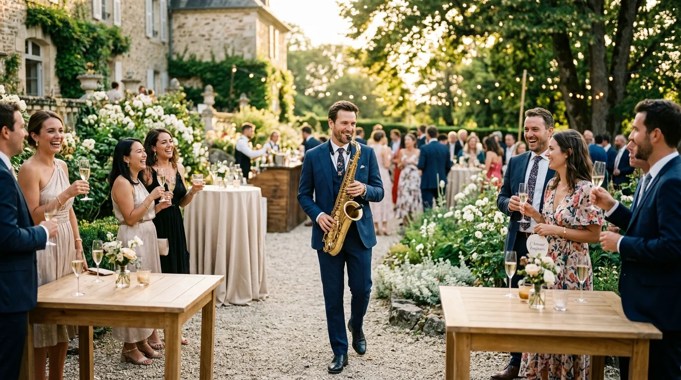 Saxophoniste jouant en live parmi les invités pendant un cocktail de mariage