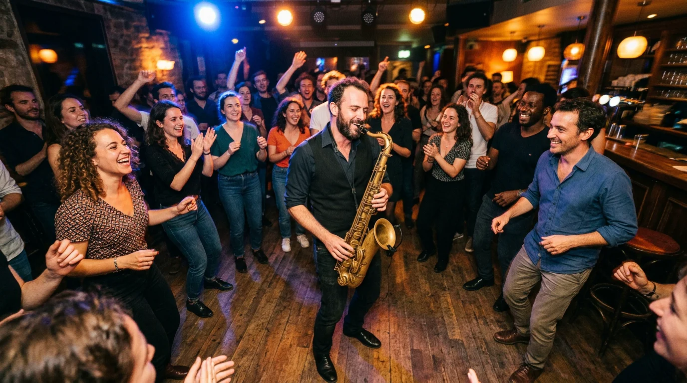 Saxophoniste jouant un solo au milieu d'une piste de danse animée