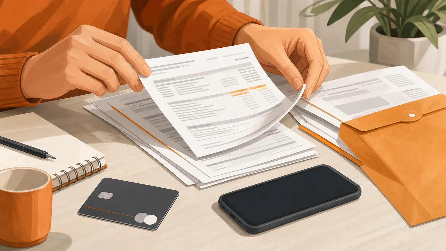 Gros plan illustré de mains classant des relevés bancaires et des documents sur un bureau clair.