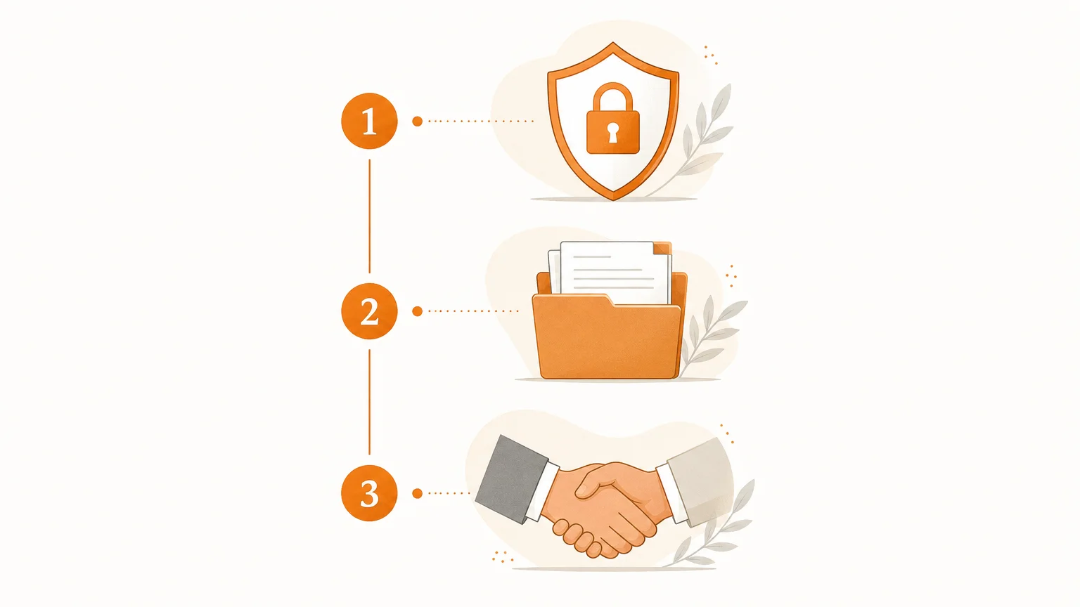 Illustration minimaliste présentant trois pictogrammes, un bouclier, un dossier et une poignée de main, sur fond blanc et orange.
